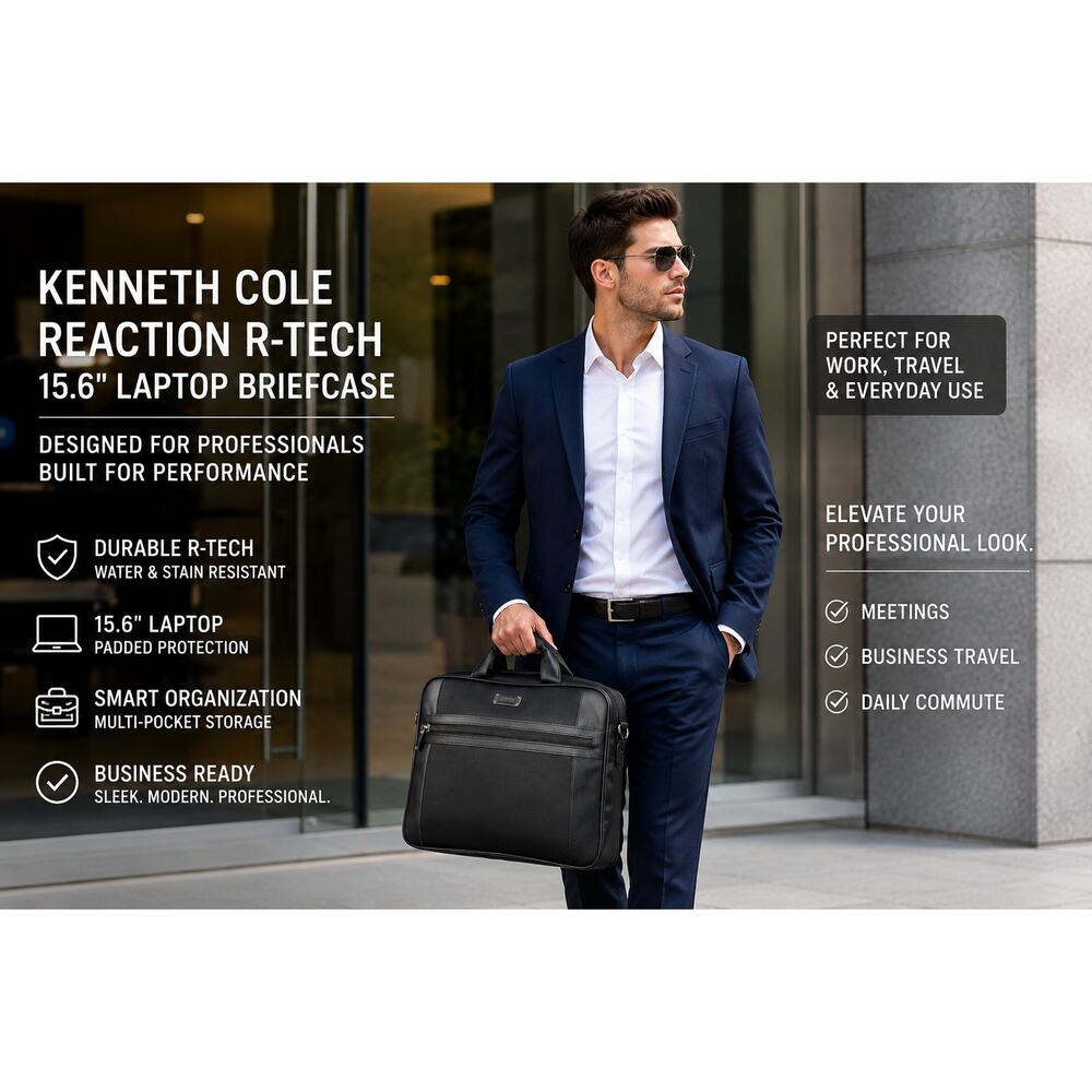 Kenneth Cole Reaction R-Tech Laptop Briefcase Bag Black 15" Business